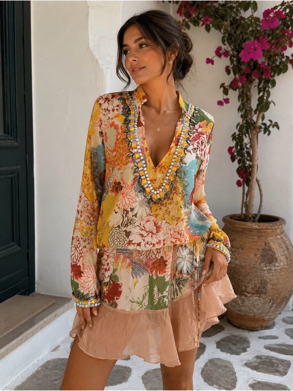 Vintage koi Floral Yellow Multi Beaded V-Neck Mini Dress great condition